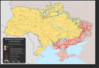 Situation in der Ukraine: ukrainisch kontrolliertes Territorium (gelb), russisch kontrolliertes Territorium (rot), ukrainischer Vormarsch (blaue Pfeile), russischer Vormarsch (rote Pfeile). [Von Viewsridge - Eigenes Werk, derivate of Russo-Ukraine Conflic